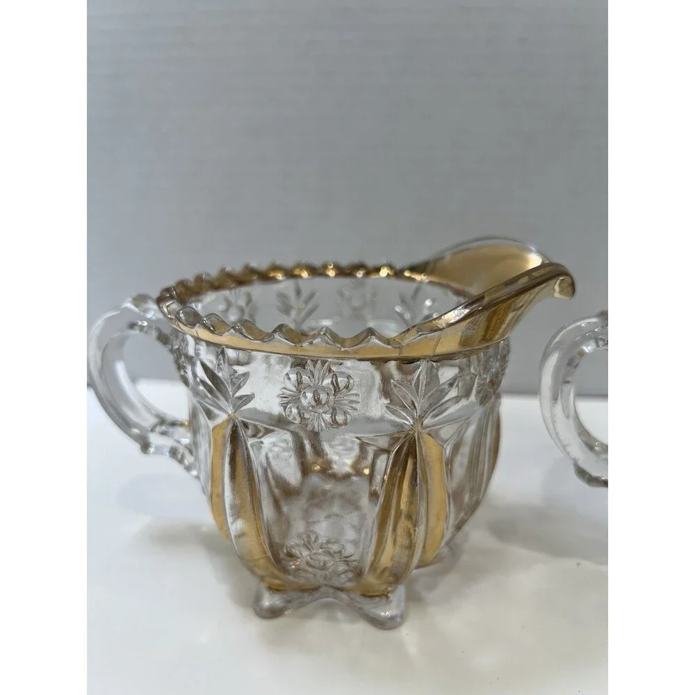 Antique 1897 EAPG Glass Sugar And Creamer Set Harvard Yard Gold Gilding Trim